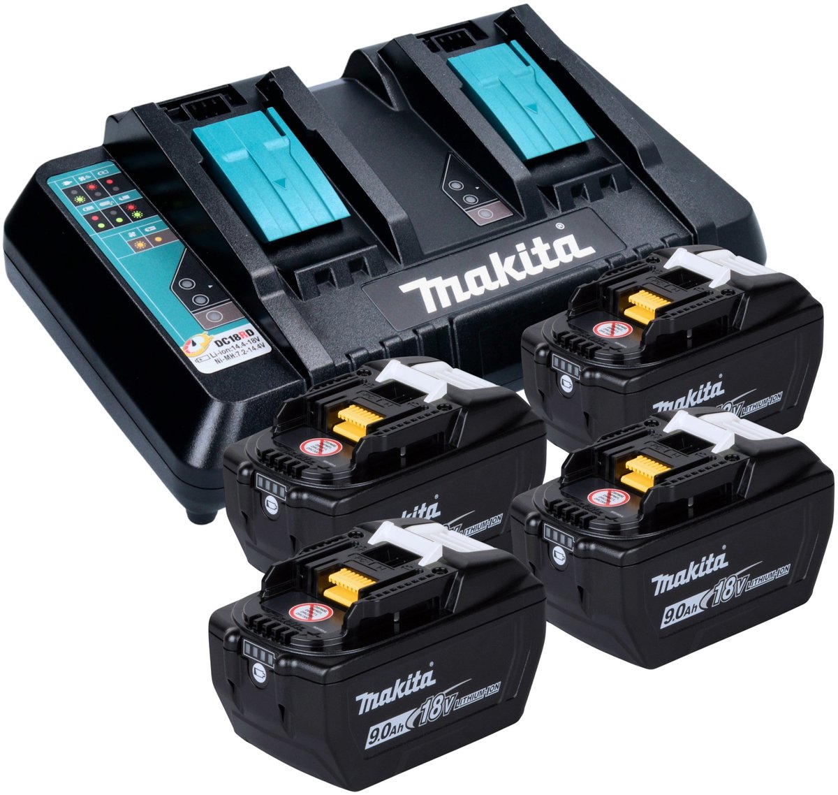 Makita Power Source Kit 18 V met 4x BL 1890 accu 9,0 Ah + DC 18 RD dubbele snellader