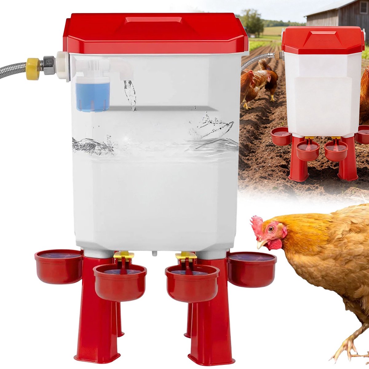 Drinker - Automatisch en Innovatief 4 Drinkers - Inclusief Ophangset en Poten - Drinkbak Kip en Ander Pluimvee of Gevogelte - 7 Liter - Rood