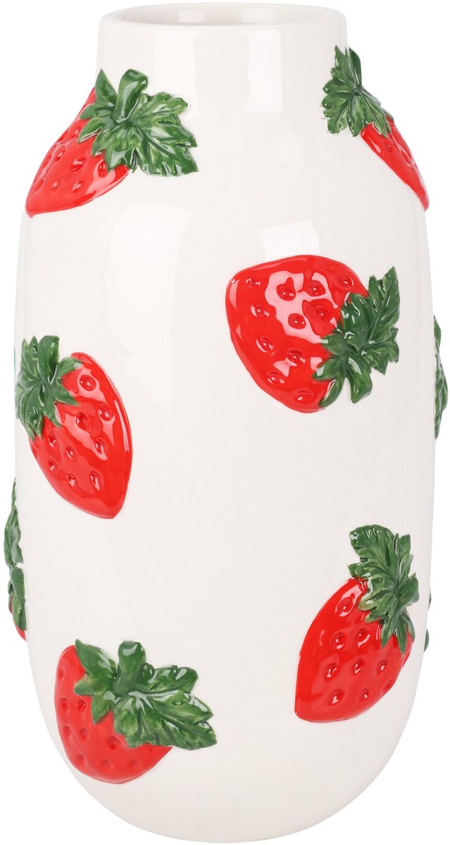 Home & Styling Collection Vaas Wit met Aardbeien – Decoratievaas – 10x29 cm – Zomerse Woondecoratie