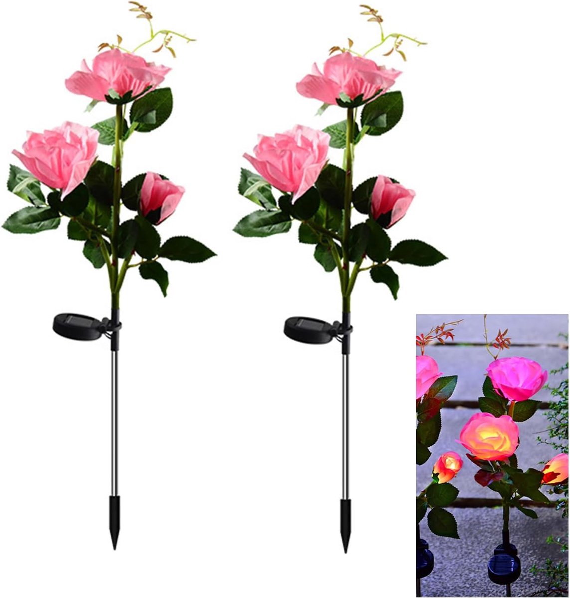 Twee buitenlampen op zonne-energie, met kunstmatige rozen, geschikt voor terrassen, paden, feesten, tuinen, binnenplaatsen en balkondecoratie (roze - 3 rozen).