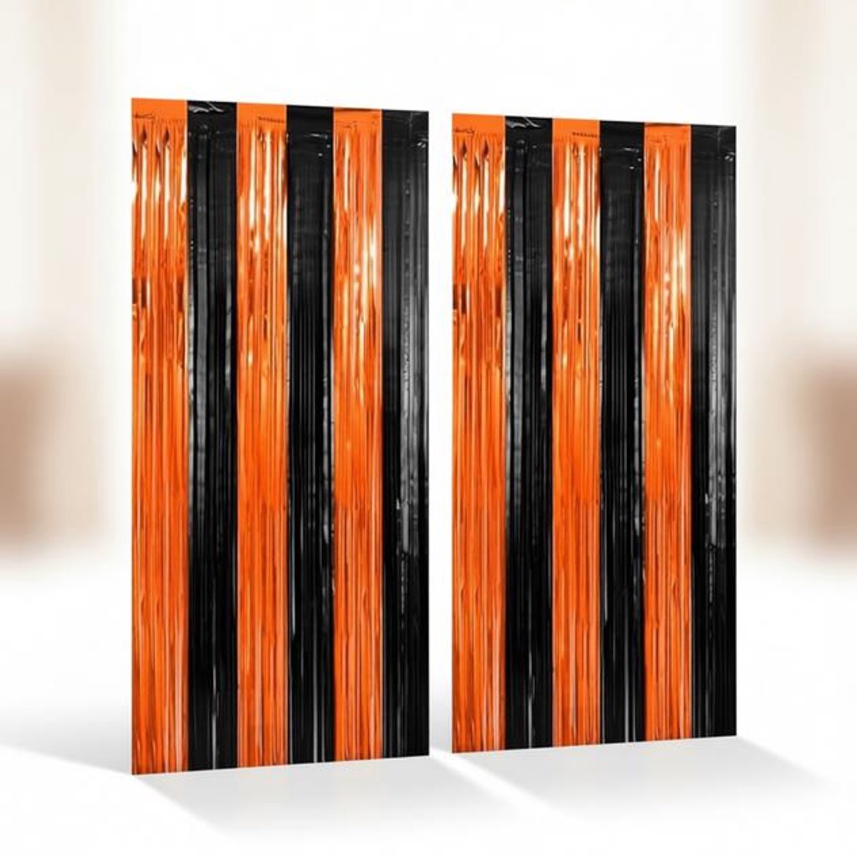 ElleMooi 2 Metalen Folie Gordijnen Oranje Zwart 1x2m - Achtergrond Ringgordijnen voor Verjaardag en Feestdecoratie