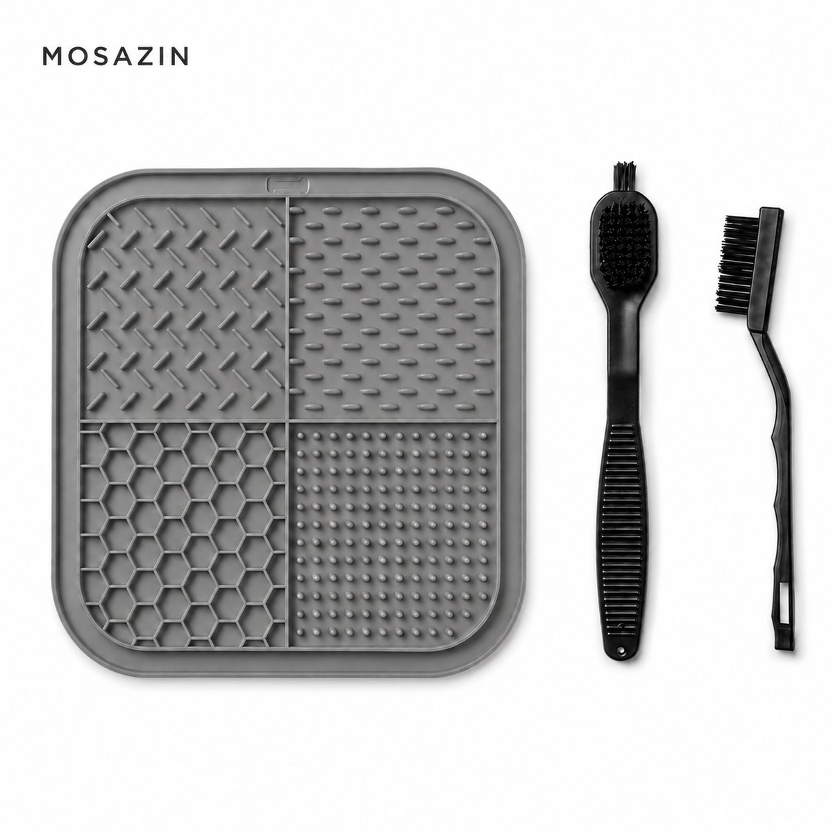 MOSAZIN Likmat Hond – Grijze Siliconen Slow Feeder met Zuignappen – 4 Textuurzones – Inclusief 2 Reinigingsborstels en Opvouwbare Hondenbak – 20 x 20 cm
