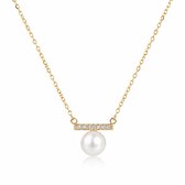 Gouden ketting met een horizontale staaf bezet met zirkonia's en een hangende zoetwaterparel.