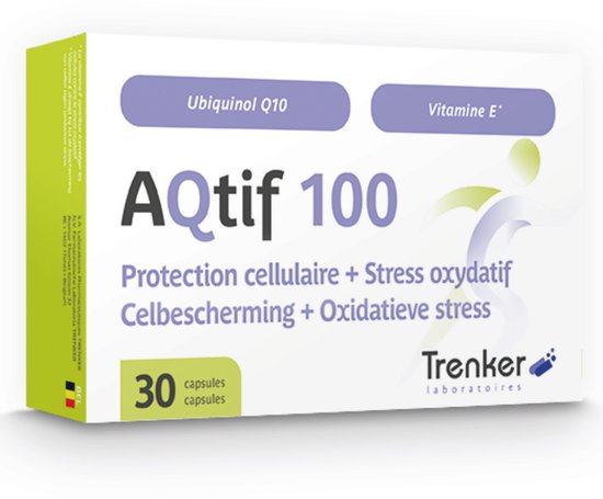 Doos van AQtif 100 met 30 capsules. Toont 'Ubiquinol Q10' en 'Vitamine E' bovenaan. Centraal staat 'AQtif 100' met de tekst 'Celbescherming + Oxidatieve stress'.
