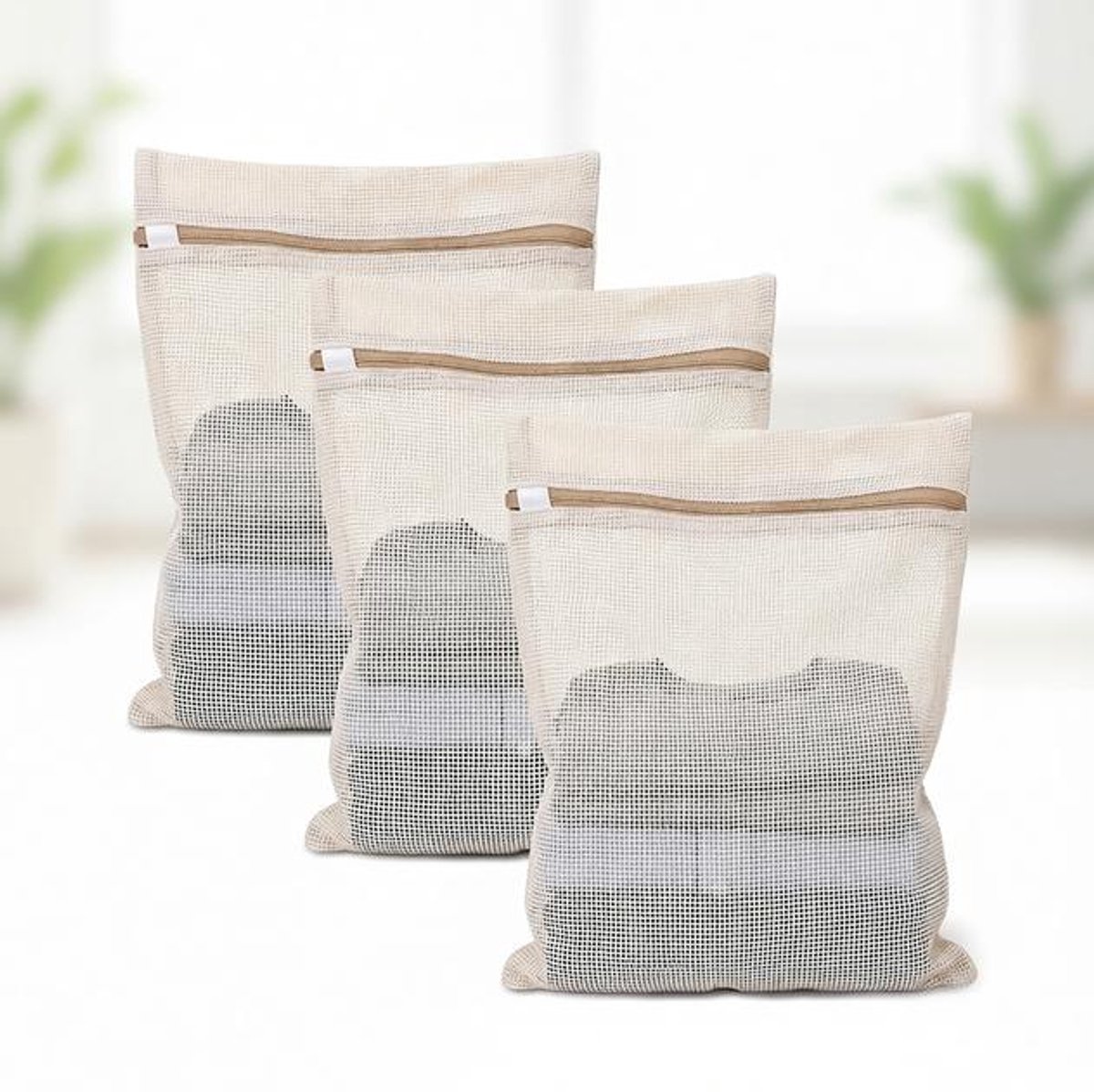 Maison Elara 3 Stuks Katoenen Mesh Waszakken met Stevige Rits - 39x30 cm - Voor Delicaat Wasgoed