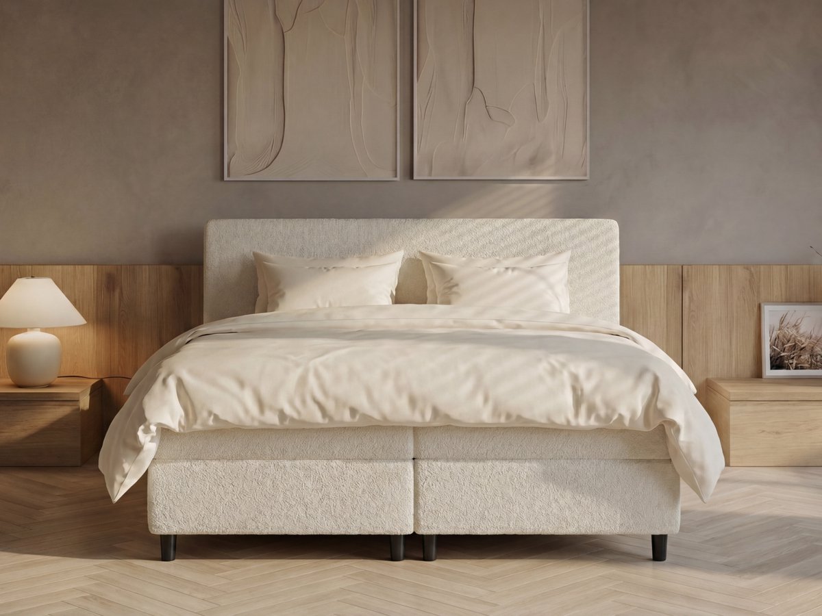 Opberg Boxspring - Eefje - Teddy - Beige - 160 x 200 cm | Inclusief gratis topper en antislip