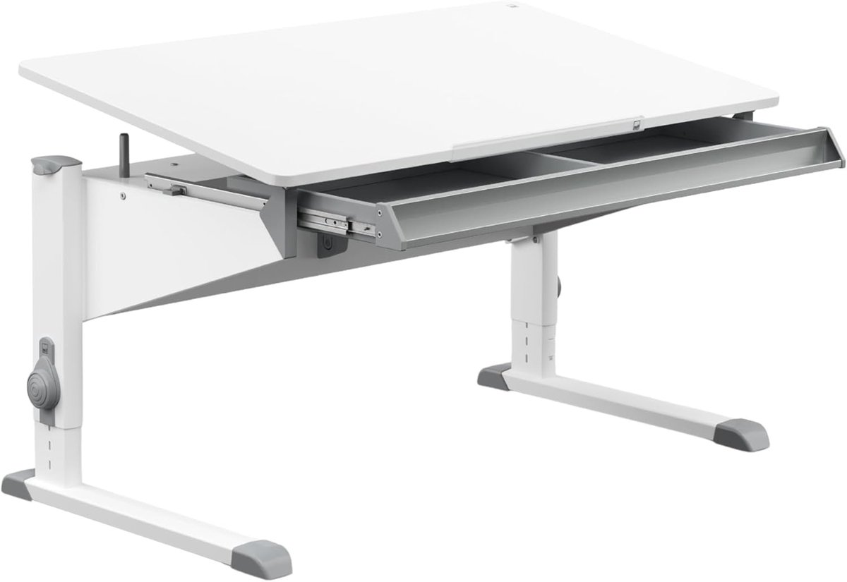 Moll Bandit Kinderbureau - Met lade - In hoogte verstelbaar - Kantelbaar blad - Ergonomisch en meegroeiend bureau - Voor schoolkinderen - Wit