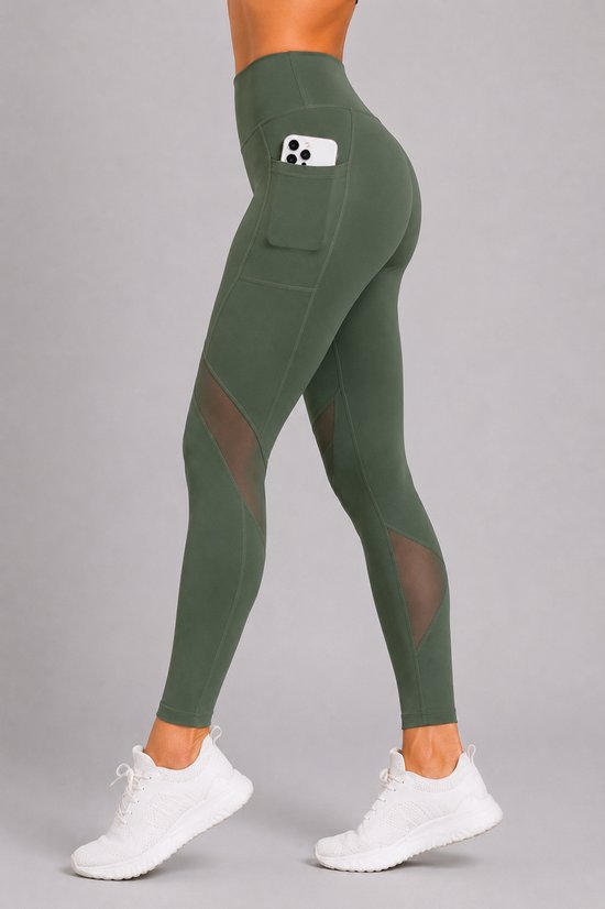 SparkNine Meshmotion sportlegging - dames - met zakken - L - groen - stijlvolle mesh panelen - telefoon zakken - elastisch - squatproof — afbeelding 2