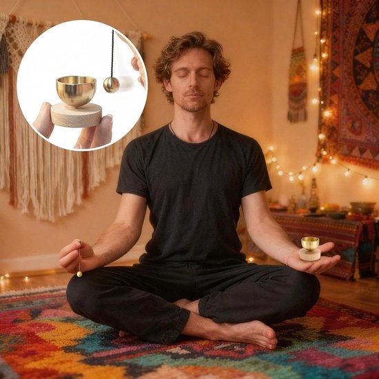 Klank Schaal - Mini klankschaalset - Hout - Messing - Met messing bel - Gebruikt om te ontspannen - Geschikt voor meditatie en yoga - 4*4*3.5cm - Goud van Merkloos — afbeelding 2