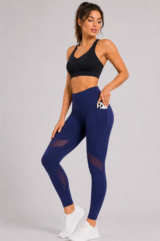 SparkNine Meshmotion sportlegging - dames - met zakken - XL - blauw - stijlvolle mesh panelen - telefoon zakken - elastisch - squatproof — afbeelding 5