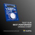 Varta CR2032 lithium knoopcel batterij verpakking, tot 80% meer energie.