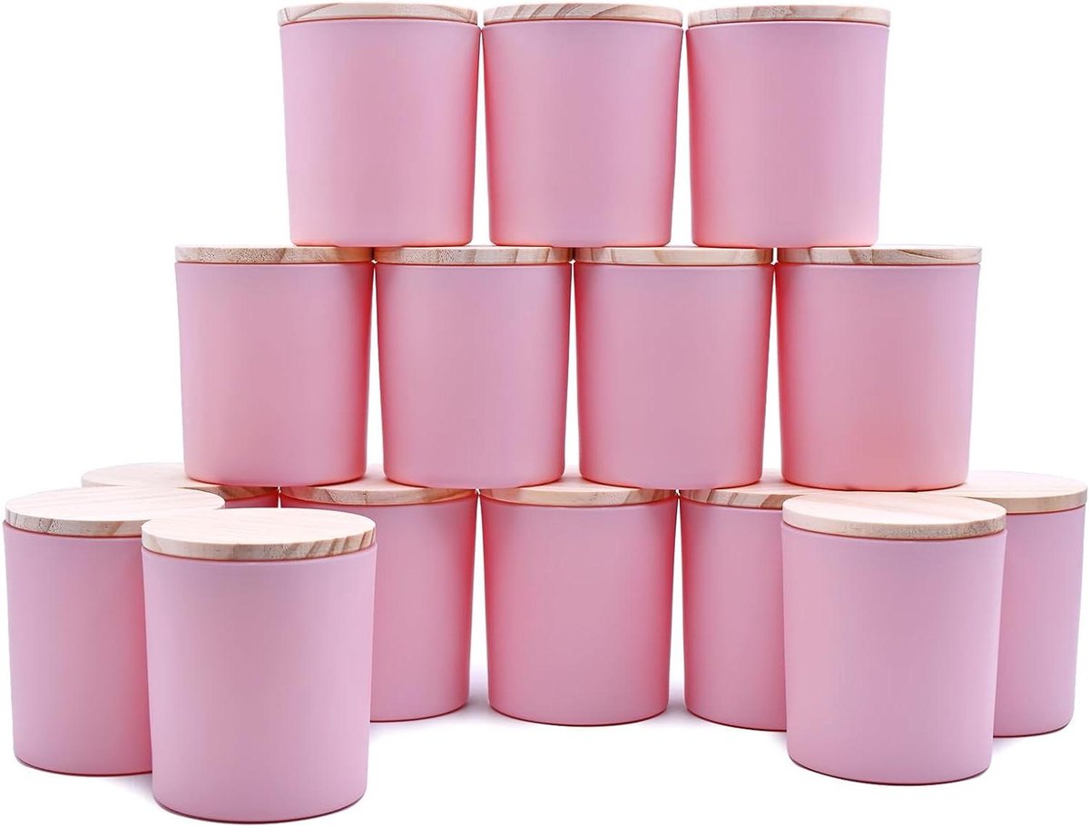 Kaarsen Potten - Glazen Houder - Zelf Kaarsen Maken - Met Houten Deksel - 15 Stuks 220ml - Mat Roze