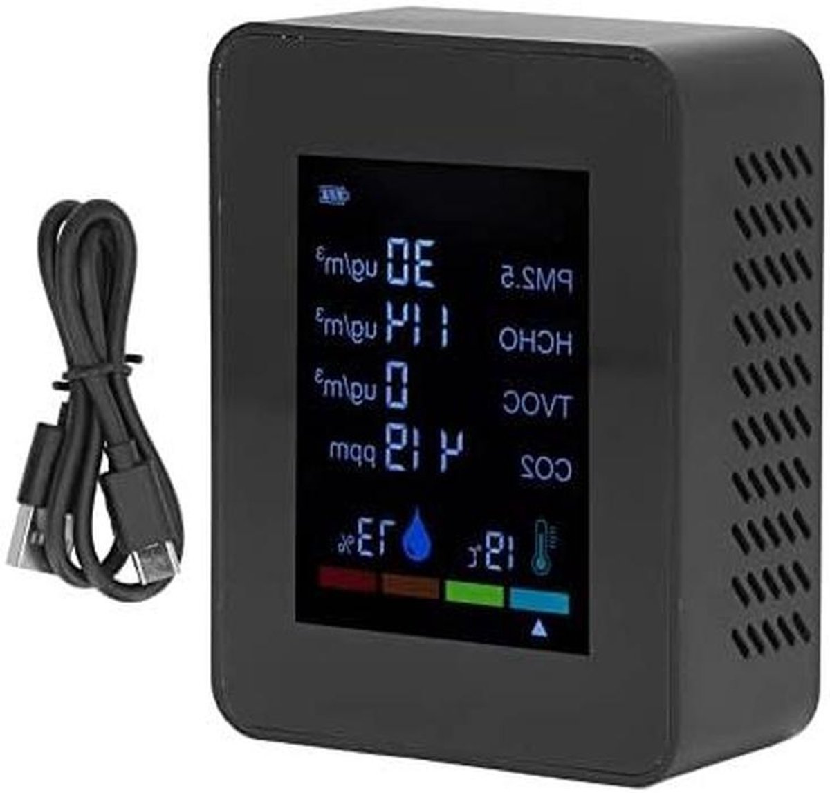 Luchtkwaliteit Monitor - CO2 Detector - Milieu Bewaken - 6-in-1 Meting - USB Oplaadbaar - Zwart