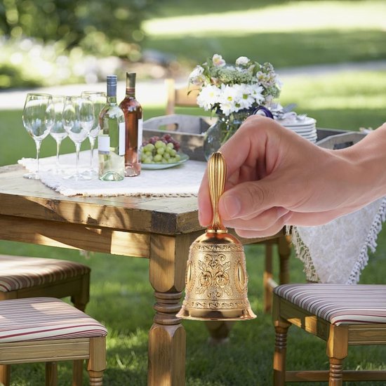 Tafelbel - Handbel - Zinklegering - Handbellen - Tafelbellen - Schoolbel - Receptiebel - Klassieke Handbel - Beltonen - Bel - Butler bel - Geschikt voor thuis, restaurants en feesten - 5.5*11.5cm - Goud — afbeelding 4