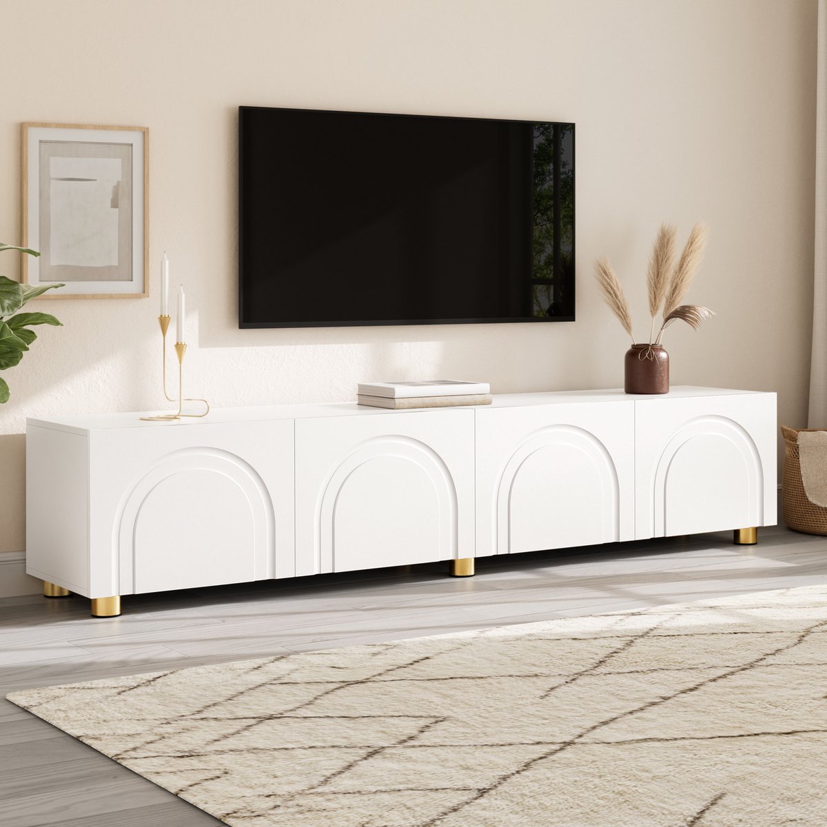 OKWISH Tv Meubel - 4 Deuren Met Boogreliëf - Woonkamer Opbergkast - Metaal Onderstel - MDF En Spaanplaat Wit - 180x35x40 cm