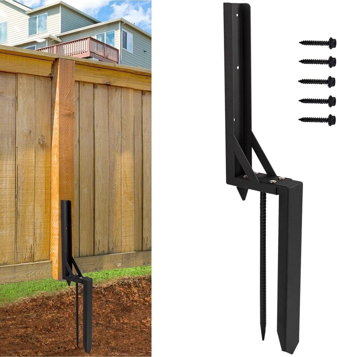 Houten hek reparatie - Paal grondanker - Hekken verstevigen - Verbeterd ontwerp - 76 cm lengte - Zwart