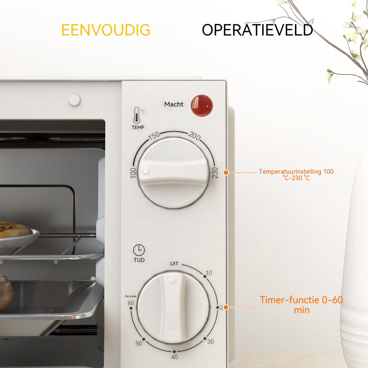 Mini oven - Compacte elektrische oven - Instelbare temperatuur 100-230°C - 60 min timer - 9 liter - Voor camping en kleine keuken - 35x24,6x20 cm - Crèmewit – foto 3