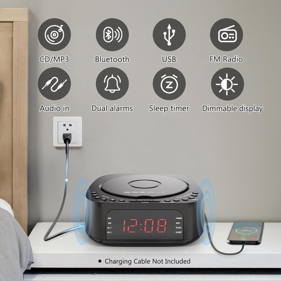 CD-speler-wekker met afstandsbediening: CD/MP3, Bluetooth, FM-radio met luidsprekers, USB-oplader en dimbaar display voor de slaapkamer - dubbel alarm met instelbaar geluid, geschikt voor zowel diepe als lichte slapers. — afbeelding 5