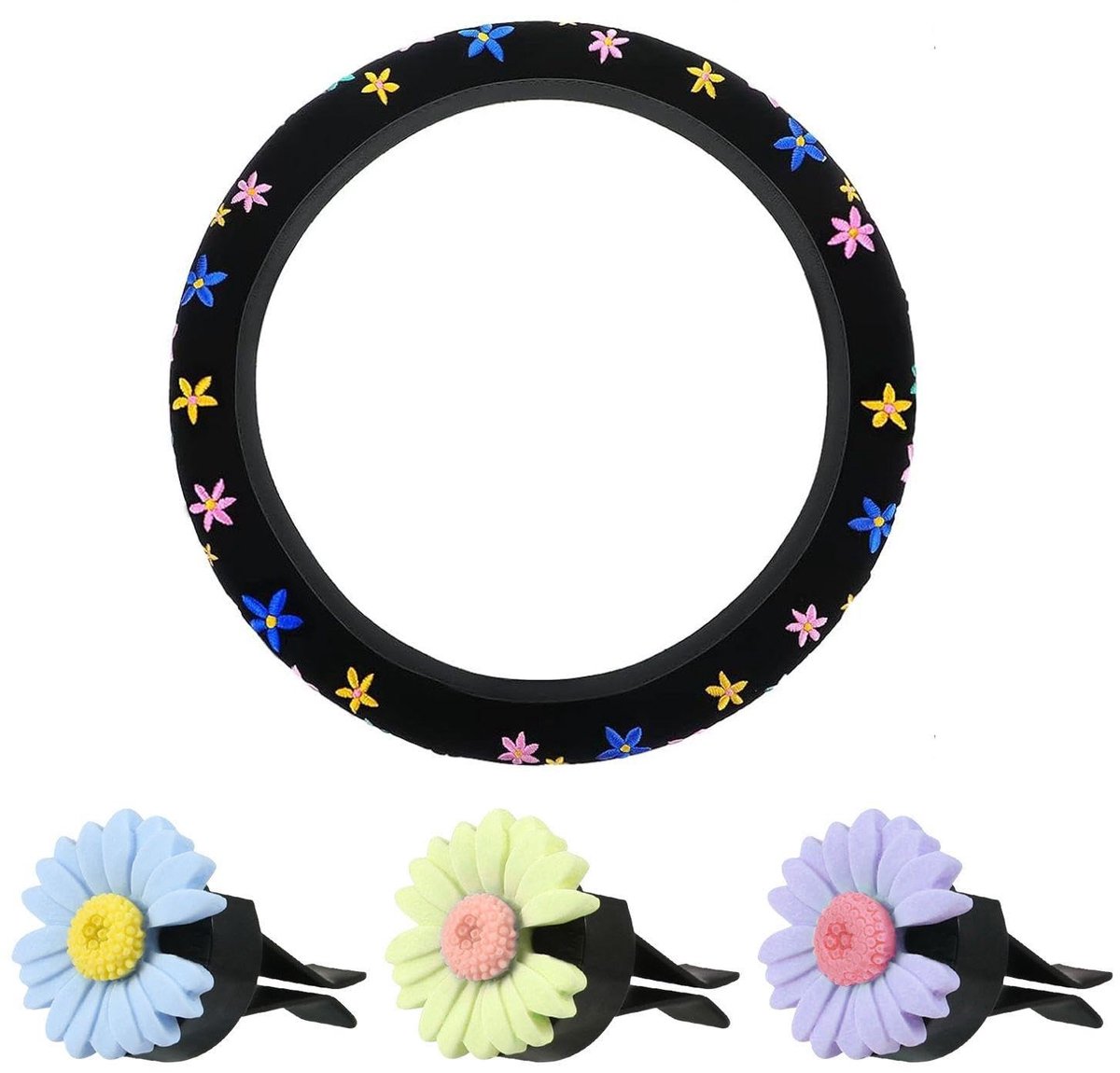 Dailygoods- Stuurbescherming Geborduurd Bloem - Stuurhoes Kunstmatige Pluche - Decoratieve Clips - Aromatherapie Clip - Antislip Ontwerp - Geschikt voor Stuurdiameter 38 cm