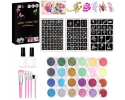 Glitter Tattoo Set - 120 sjablonen - 24 kleuren - Schmink Sjablonen - Lijm en Penselen - Tijdelijke Nep Tatoeages Voor Kinderen & Volwassenen -…