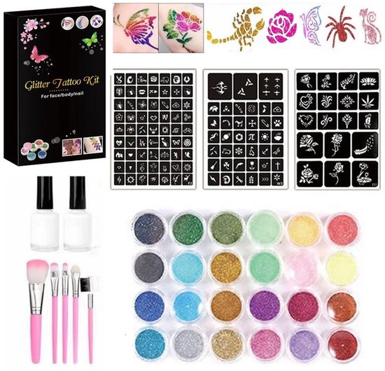 Glitter tattoo kit met 24 kleuren glitters, 3 sjablonen met vlinders, bloemen, sterren en meer, 2 penselen en 2 witte lijmflessen.
