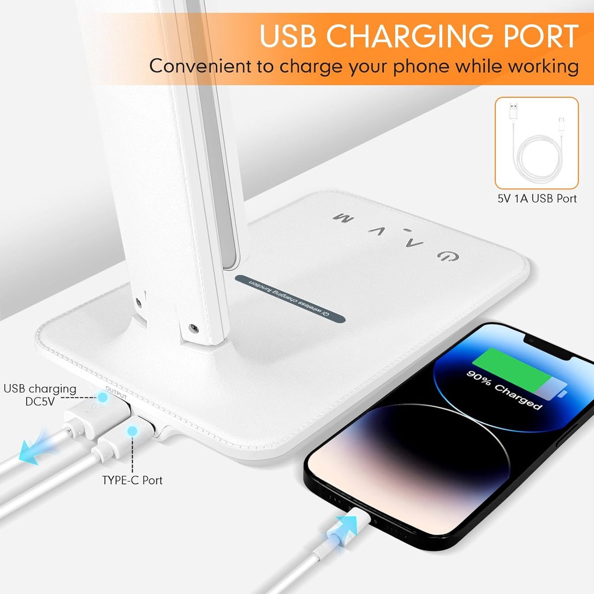 VHV Bureaulamp LED - Bureaulamp - Tafellamp - Daglichtlamp - LED leeslamp - Met USB-oplaadpoort - 5 lichtstanden - Touch-bureaulamp - opvouwbare spikelamp - voor studie, , kantoor, nachtkastje - Wit thumbnail 5