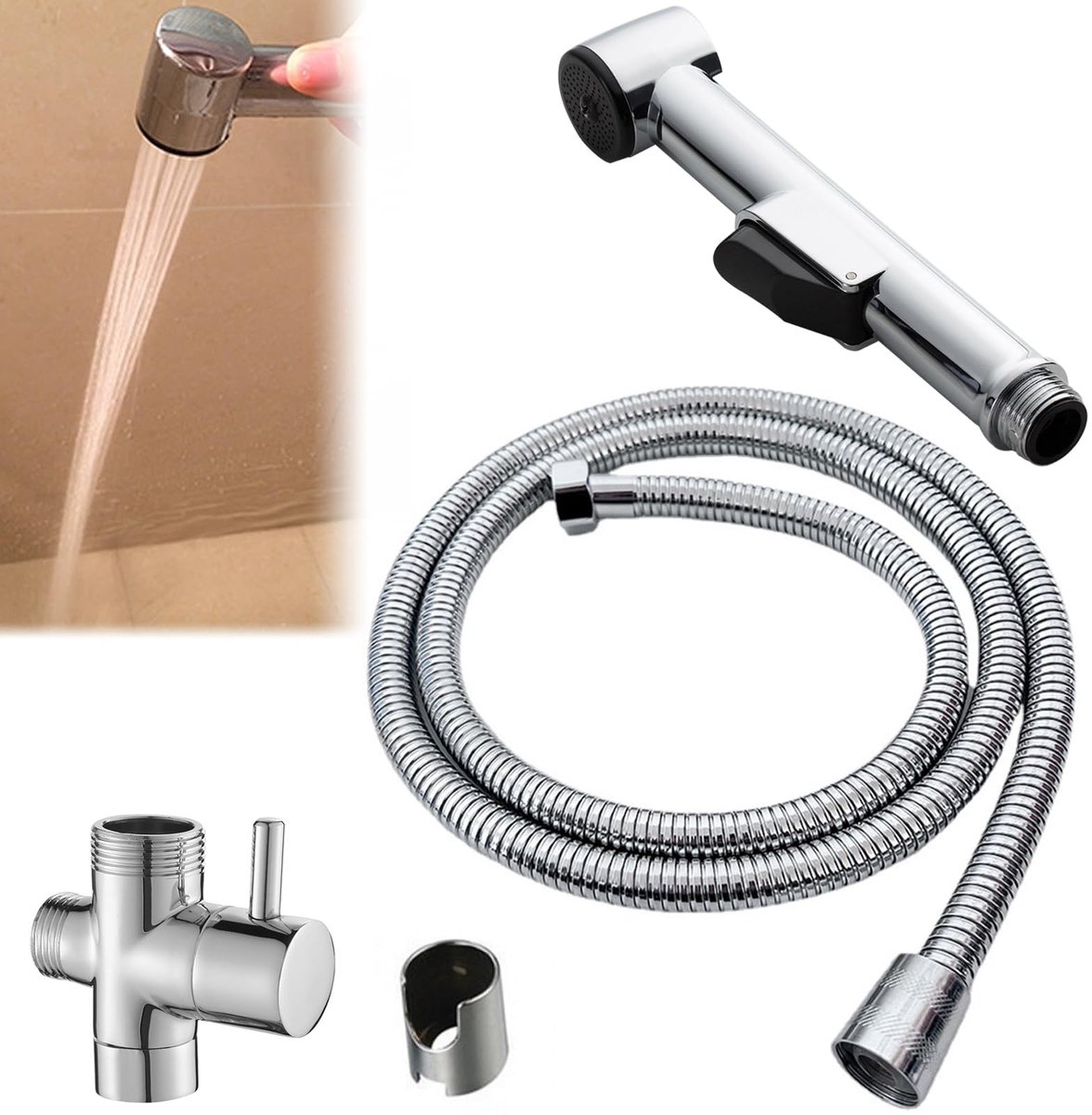 SOUQONE - Draagbare toiletdouche - 150 cm doucheslang - Ideaal voor persoonlijke hygiëne - Zilver - Luierreiniging - Geschikt voor badkamer - Model...