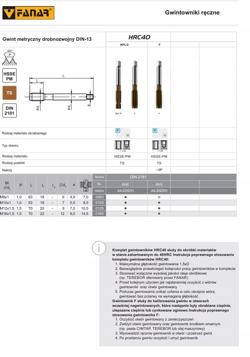 Fanar DRAAD DIN-2181/2-P M8x1 HSSE-PM HRC40 TC