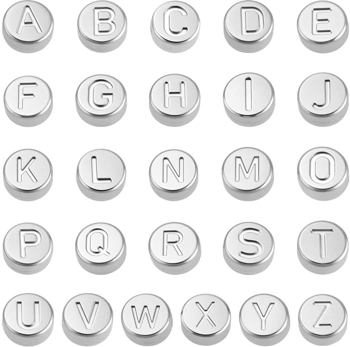 Dailygoods- Letterkralen 26 Stuks - Platte/Ronde Kralen - Roestvrij Staal - Zilverkleurig - Afstandhouders voor Sieraden - 7 mm Diameter - Sieradenkralen