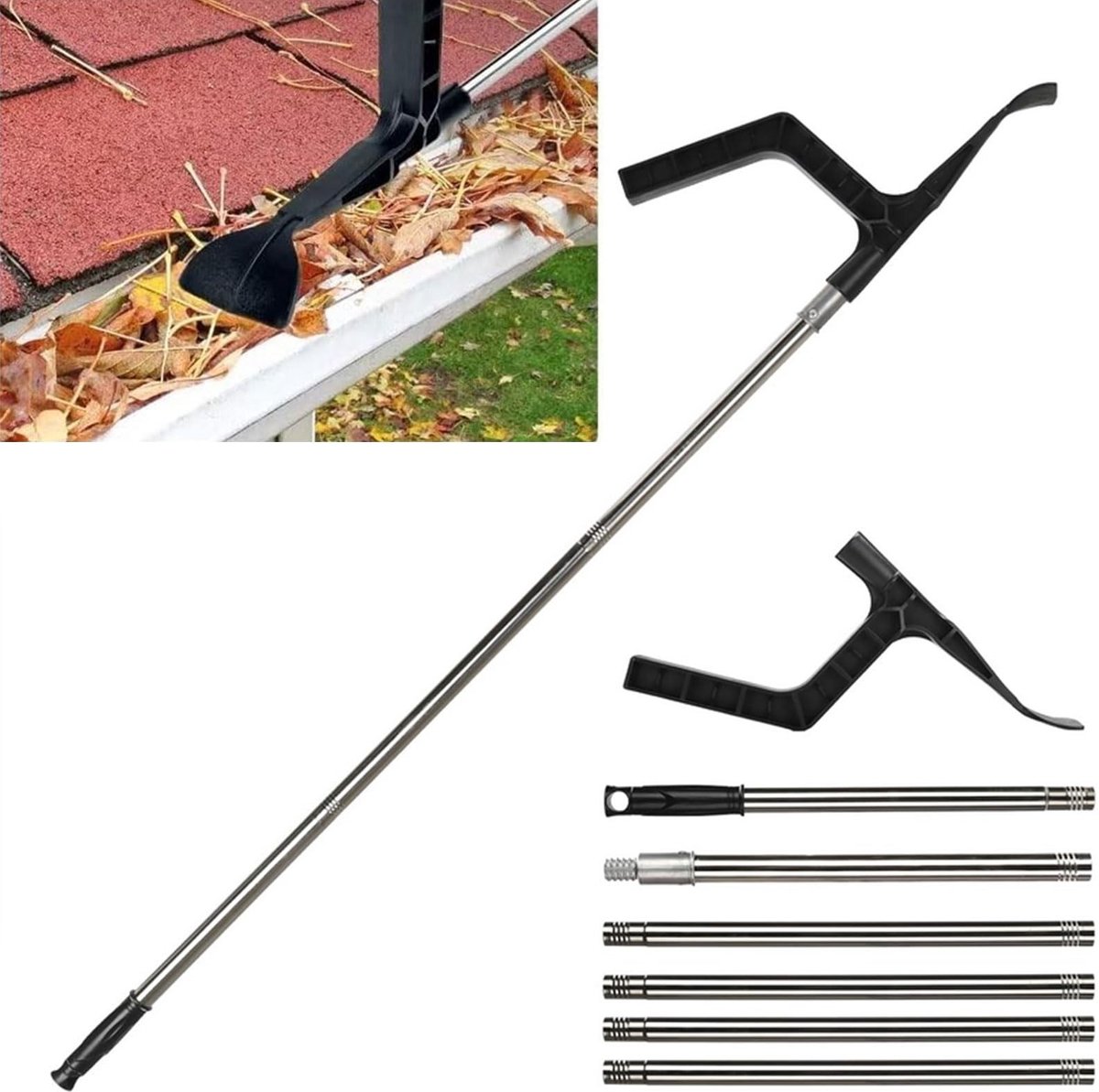 Dailygoods- Gootreinigingsgereedschap 2-in-1 - Telescopische Dakgootreiniger - Draagbare Reinigingsschraper - Roestvrij Staal - 6 Verstelbare Palen - 94.5" Lengte