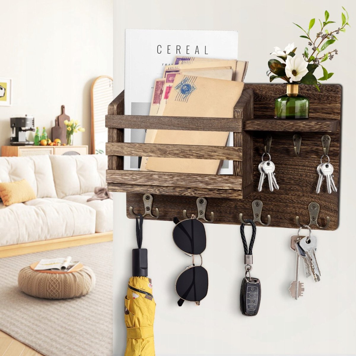 Houten Wandkapstok met Plank - Sleutelhouder & Organizer