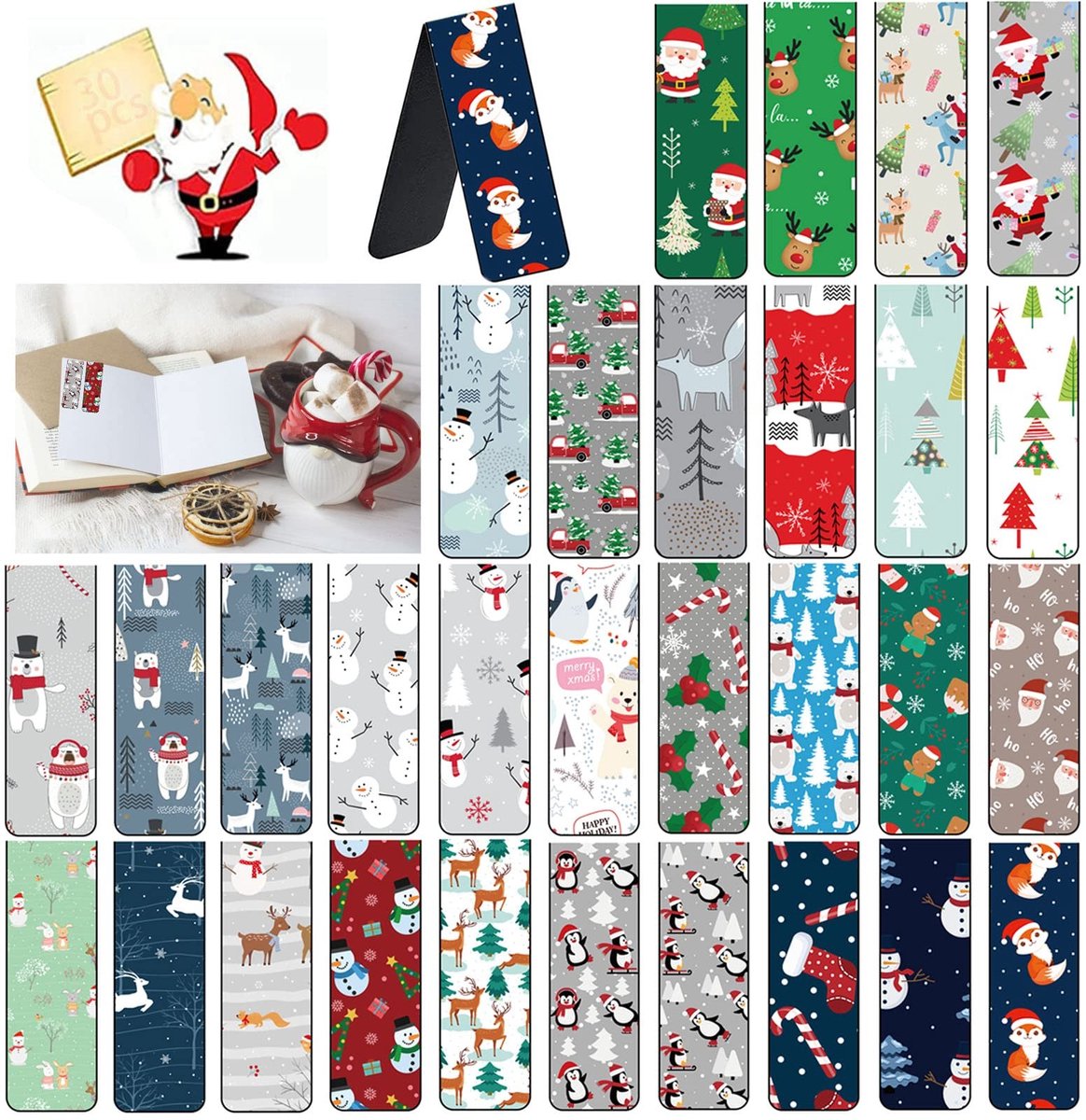 JHUBERS- Bladwijzers 30 stuks - Magnetische Bladwijzers - Kleurrijke Bladwijzers - Kerstbladwijzers - Duurzaam Papier - Veilig en Langdurig - Boekenleggers