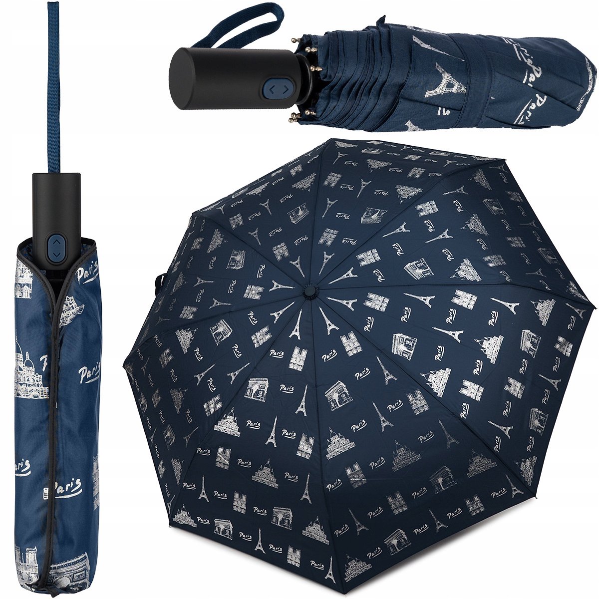 Dames Paraplu Automaat Donkerblauw Inklapbaar XL met Hoes