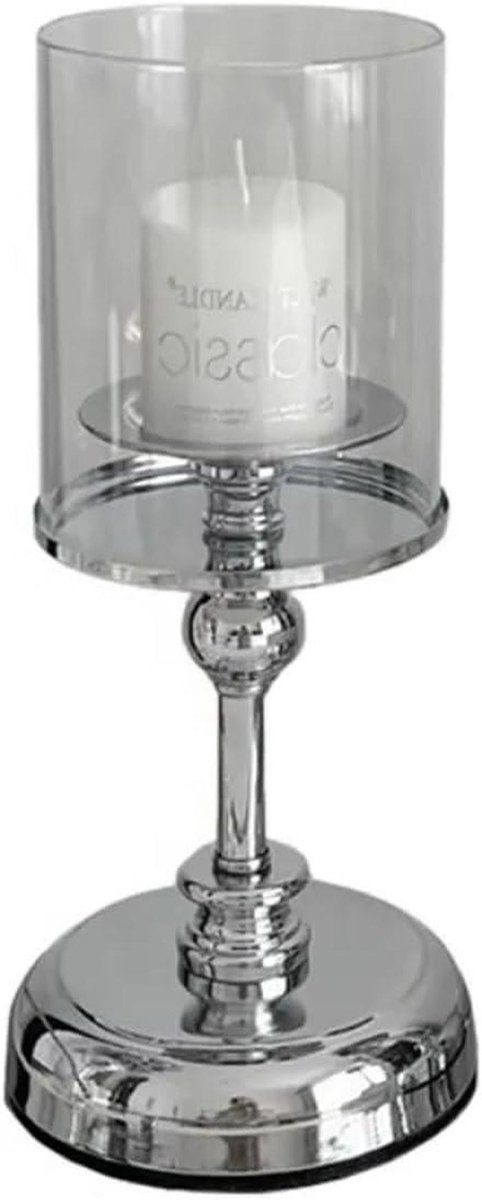 Kandelaar Metaal Glas - Kaarsenhouder Decoratie - Sfeervol Huis - Afneembaar Ontwerp - 26 cm - Zilver
