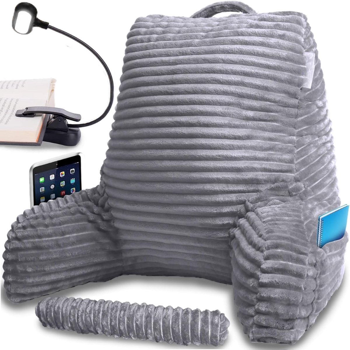 KAD® Leeskussen Voor In Bed - Luxe Leeskussen voor in Bed - Ergonomisch Rugkussen met Armsteun - Voor Lezen, Gamen en TV Kijken - Steun voor Rug en Nek - Grijs - 44cm x 36cm x 14cm