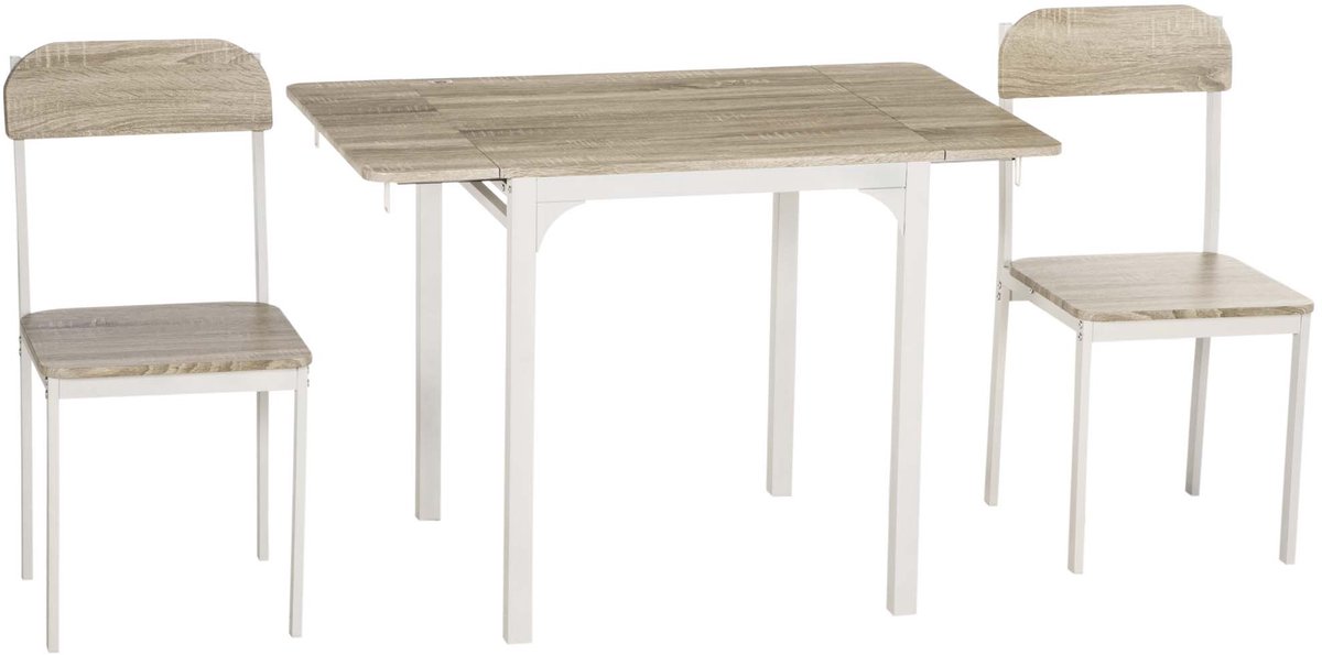 Eettafel en stoelen set 3-delig met 1 tafel 120x60x75 cm en 2 stoelen 47x40x84 cm naturel+wit Opvouwbaar tafelblad Ruimtebesparend ontwerp Stevig duurzaam stalen frame Geschikt voor keuken, eetkamer en kleine woonkamer