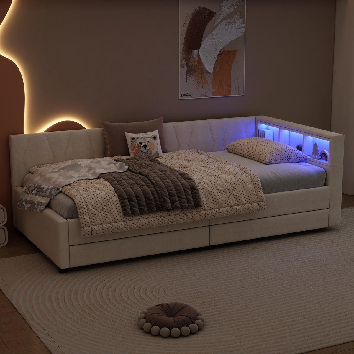 DESMIU Daybed 90x200 cm – Met LED-Verlichting En USB C Oplaadfunctie – Hoofdbord Met Opbergvakken En 2 Laden – Voor Slaapkamer Of Logeerkamer – Linnen – Beige – Zonder Matras