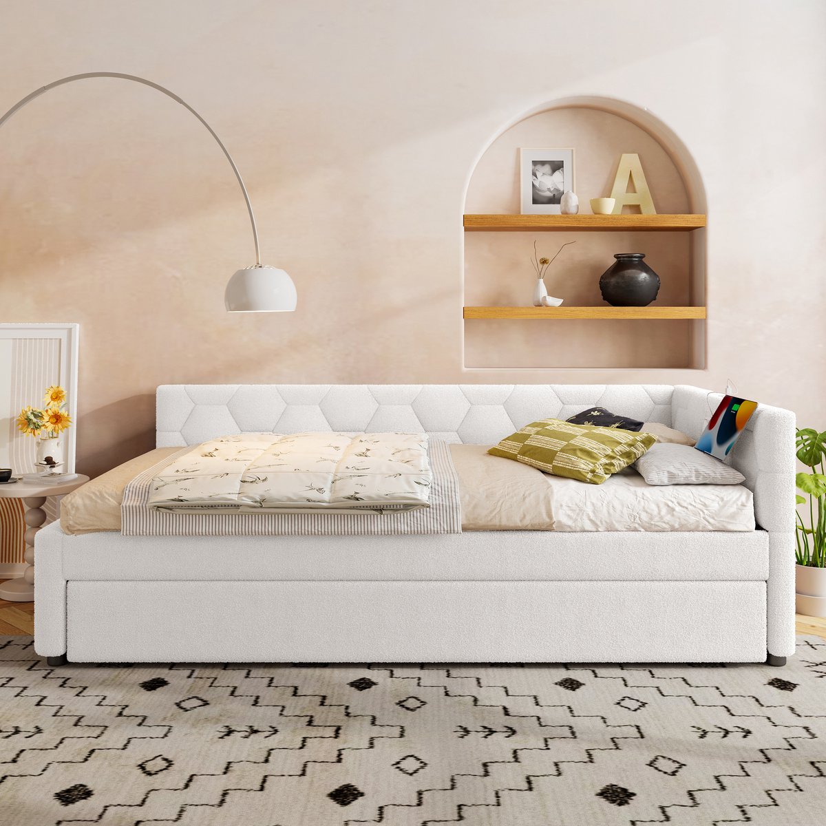 DESMIU Gestoffeerd Bed 90x200cm Zonder Matras – Bed Met Uitrolbed, Leeslamp En Oplaadpoorten – Voor Jeugd- En Slaapkamer – Boucle – Wit