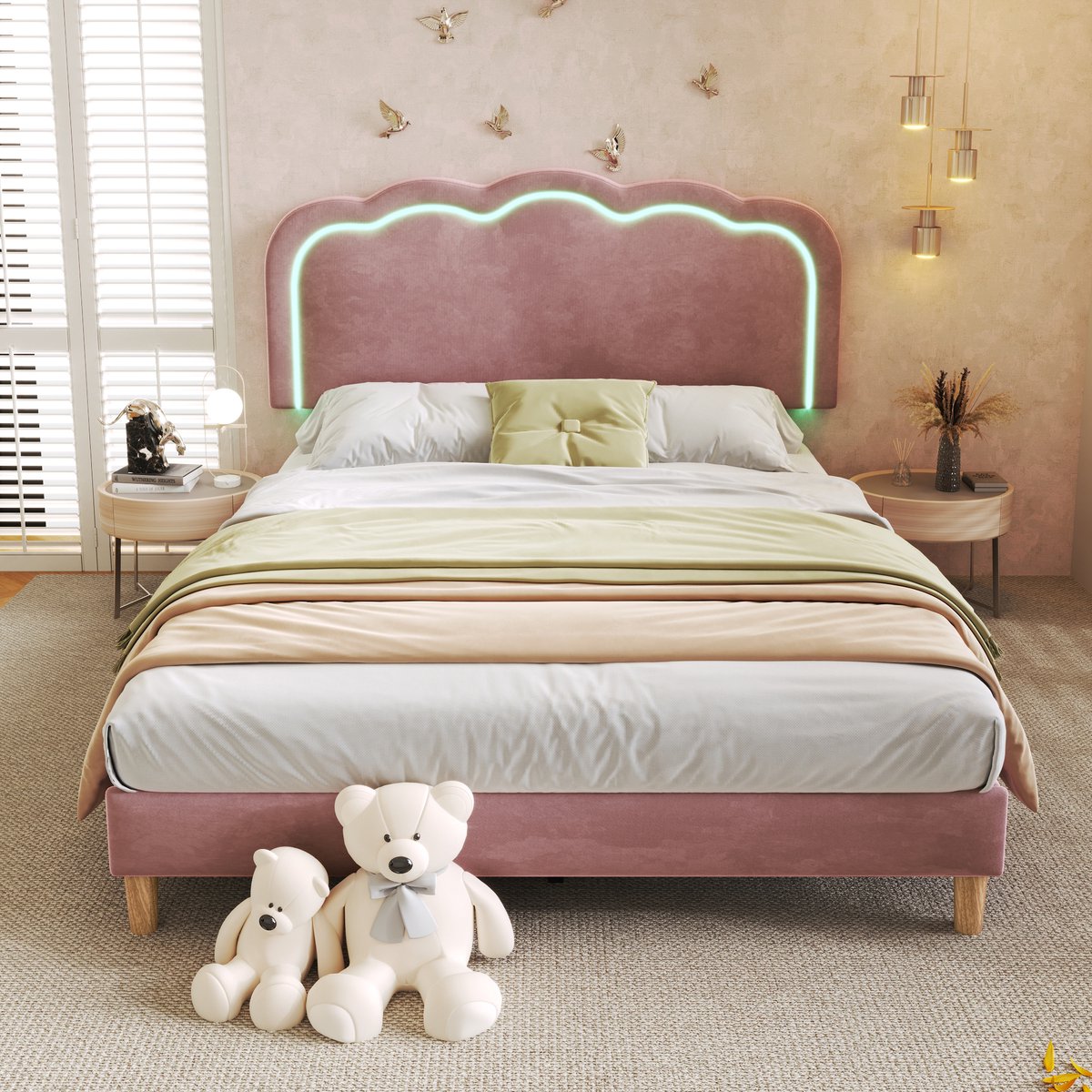 DESMIU Gestoffeerd Bed 140x200 cm – Led-Hoofdbord Met Verstelbare Hoogte – Lattenbodem – Zonder Matras – Voor Jeugd- Of Slaapkamer – Fluweel – Roze