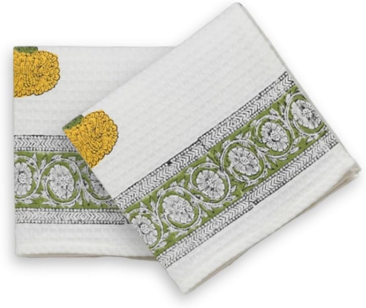 Handdoeken Set - Badlinnen Katoen - Badkamer Luxe - Hand Blokprint - 2 Delig - Geel