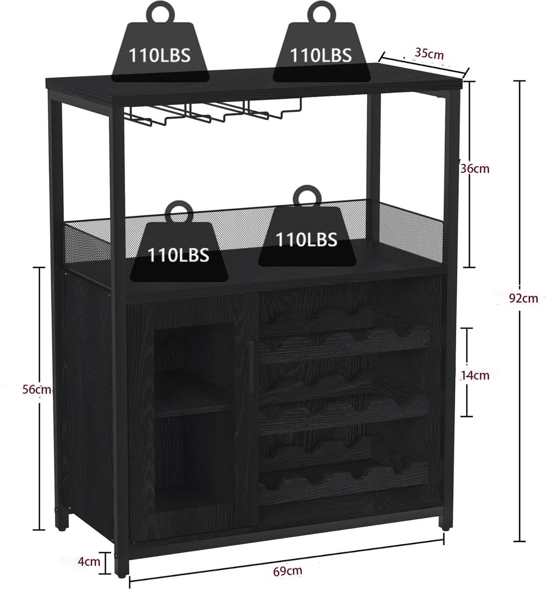 Triumpunpre Wijnkast - Vrijstaande Bar Kast met Wijnrek voor 16 Flessen, Glashouder en Mesh Deur - 72x35x90 cm - Wijnkabinet met Verstelbare Schappen - Retro Stijl Wijnmeubel voor Woonkamer, Keuken, Eetkamer – foto 6