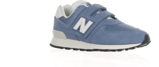 Blauwe New Balance sneaker met klittenbandsluiting en witte 'N' logo.