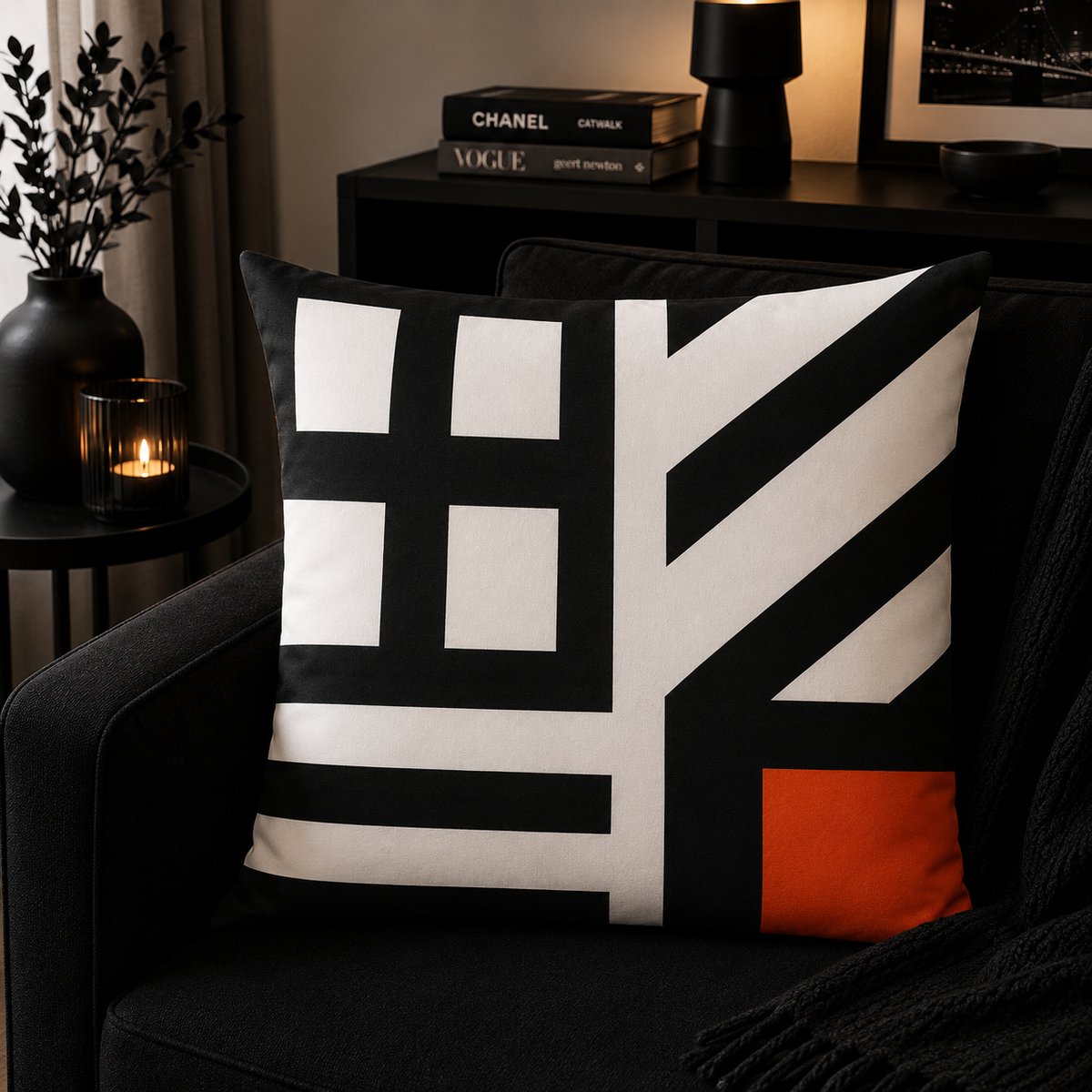 Artistieke designer kussenhoes zwart-oranje - Sierkussenhoes - Sierkussen - 45x45 cm