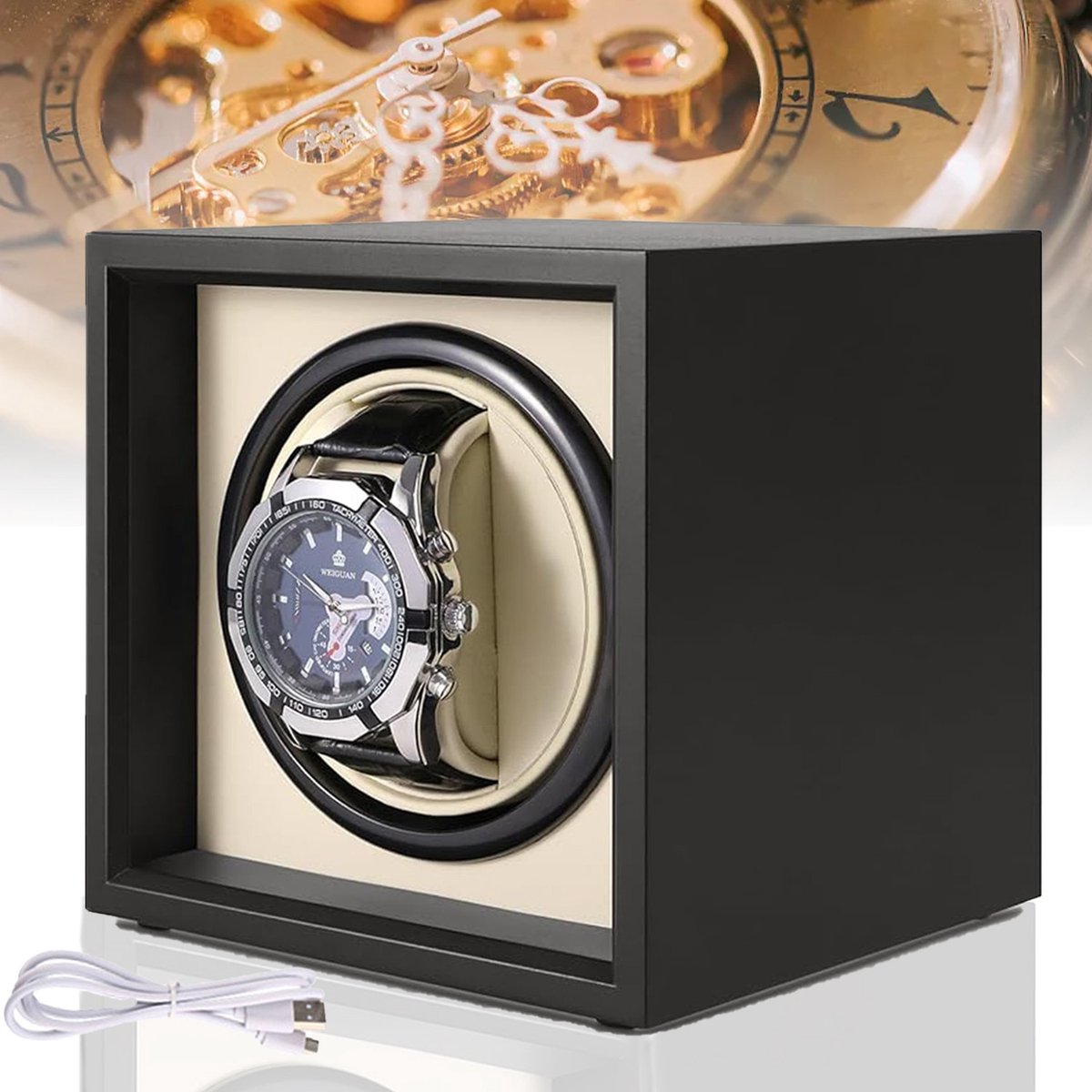 Watchwinder - Horloge Opwinder - TENZHVXI® - Premium display - Stil - Antimagnetisch - Luxe design - Flexibel traagschuimkussen - 13*13*13.5 cm - Zwart/crème
