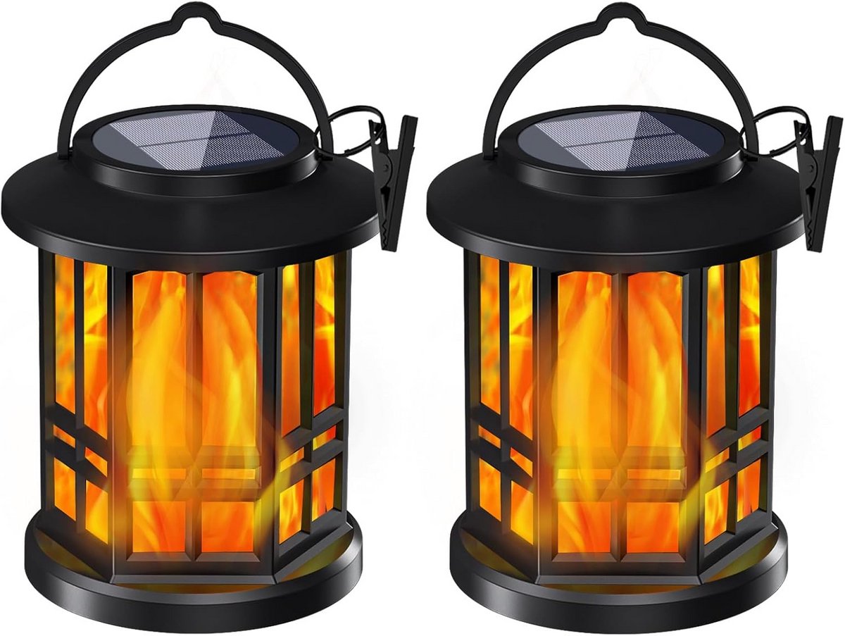 Zonne lantaarn - Vlam lamp - Tuin decoratie - Flikkerend effect - Set van 2 - Zwart