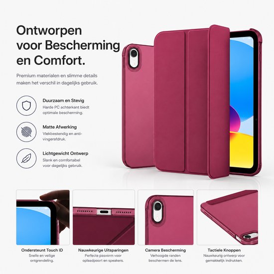 Étui iPad rouge vif avec iPad, gros plans des détails : Touch ID, ports, appareil photo et boutons.