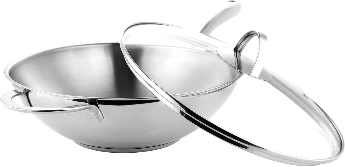 Wokpan met Deksel - Roerbakpan Koekenpan - Authentiek Wokken - Roestvrij Staal - 28 cm - Zilver