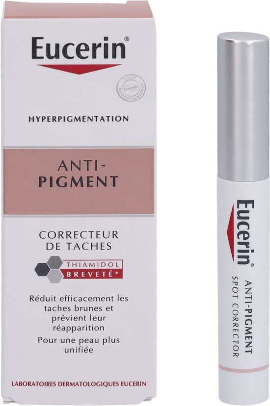 Doos met Eucerin Anti-Pigment Spot Corrector, met de tekst "HYPERPIGMENTATION ANTI-PIGMENT CORRECTEUR DE TACHES THIAMIDOL BREVETÉ".