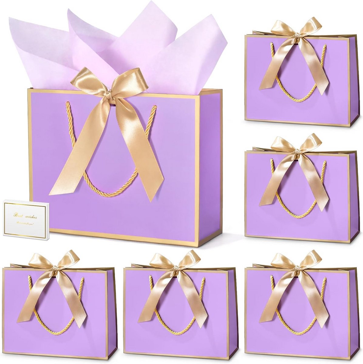 Bedankzakjes met tissue - Papieren cadeauzakjes - Feestelijke presentatie - Inclusief lint en kaart - 30 stuks - Paars en goud