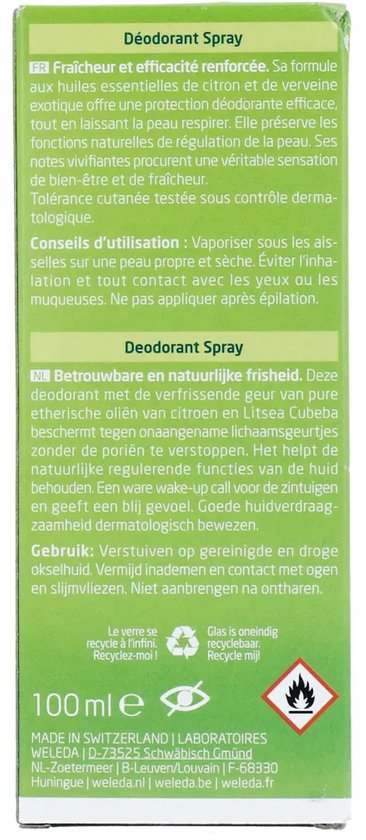 Achterkant van de Weleda Citrus Deodorant Spray verpakking met informatie over gebruik en ingrediënten.